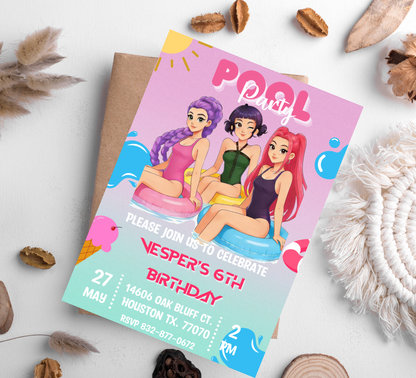K-Pop Demon Hunters Birthday Invitation | Rumi Mira Zoey Pool Party | Editable Canva Template | Anime Idol Summer Splash Invite | Modern K-Pop Aesthetic