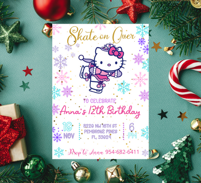 Hello Kitty Ice Skating Winter Birthday Invitation | Editable Canva Template | Snowy Slumber Party Invite | Printable Kids Birthday Invitation