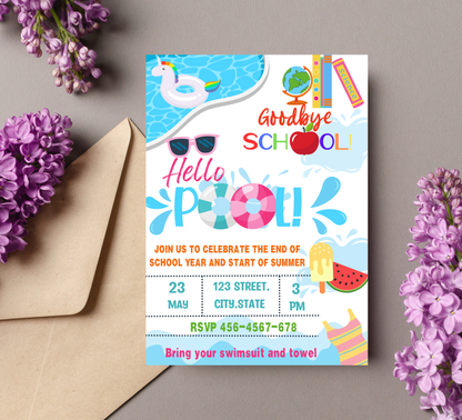 Goodbye Kindergarten Hello Summer Pool Party Invitation | Editable Canva Template
