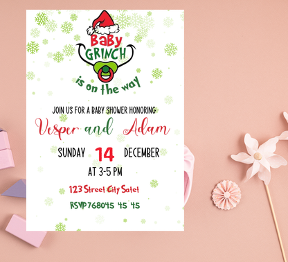Grinch Baby Shower Christmas Winter Invitation | Holiday Baby Celebration | Editable Template