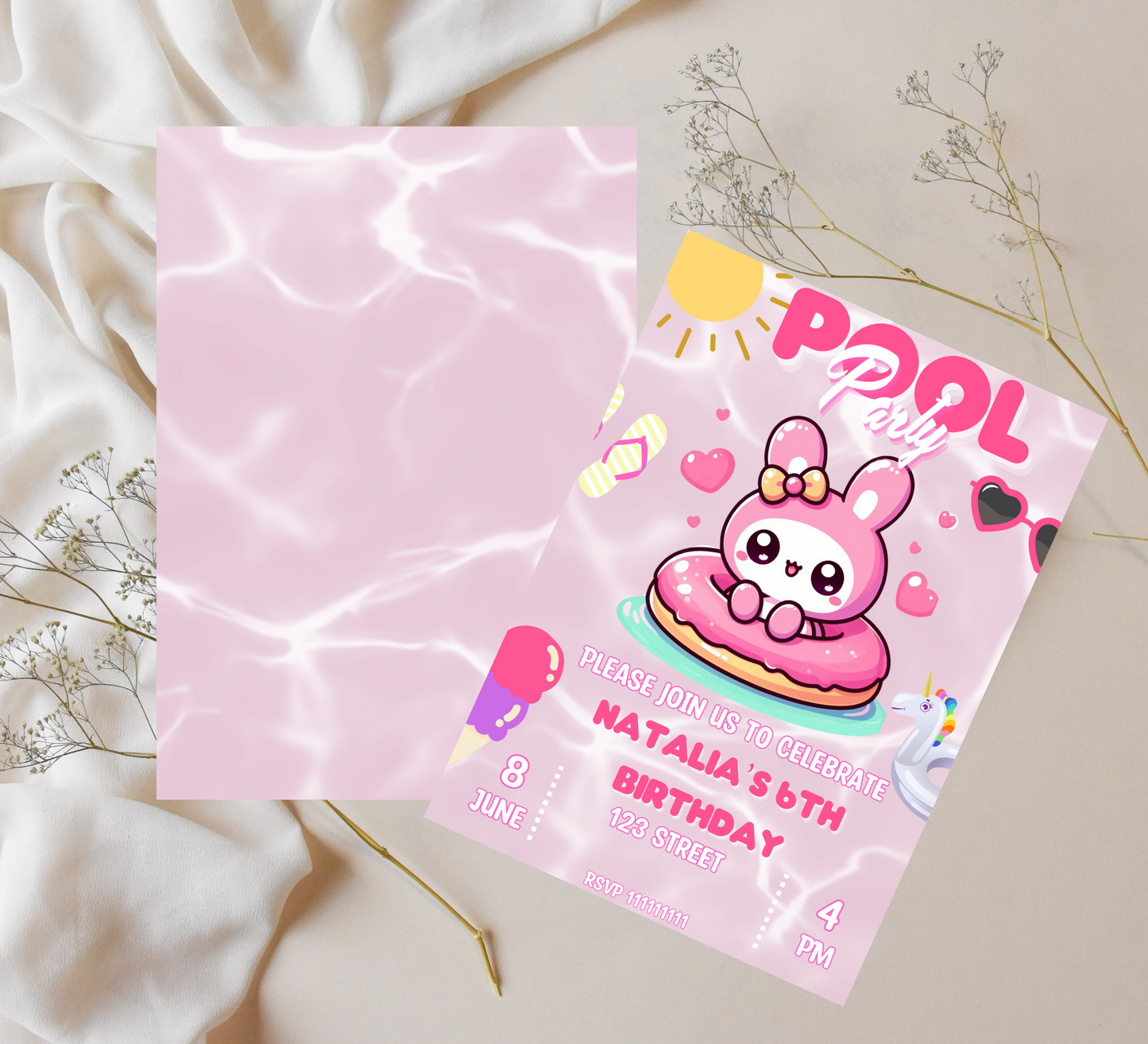 My Melody Pink Pool Birthday Invitation | Kawaii Summer Party Invite | Editable Canva Template | Cute Poolside Birthday Printable