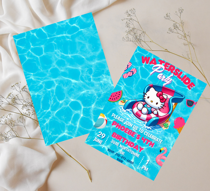 Hello Kitty Waterslide Birthday Invitation | Kawaii Pool Party Invite | Editable Canva Template | Summer Swim Birthday Printable