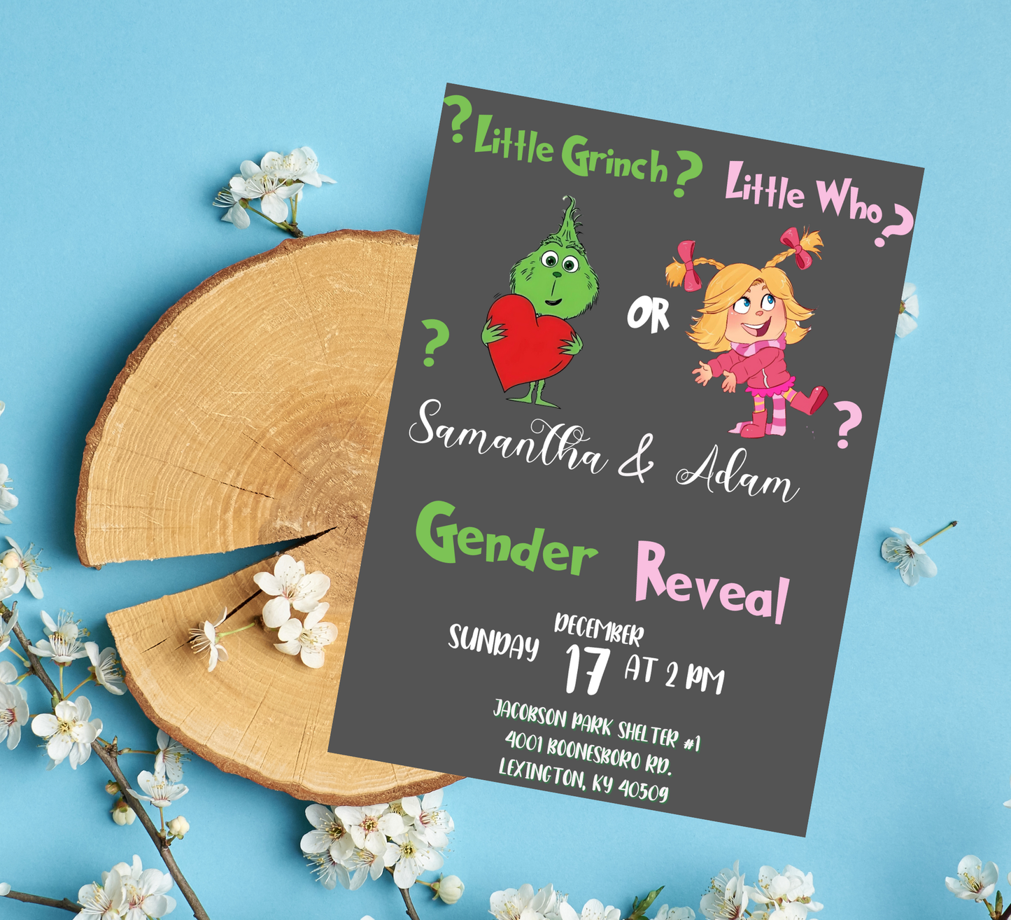 Grinch & Cindy Lou Christmas Gender Reveal Invitation | Pink & Green Holiday Reveal | Editable Template