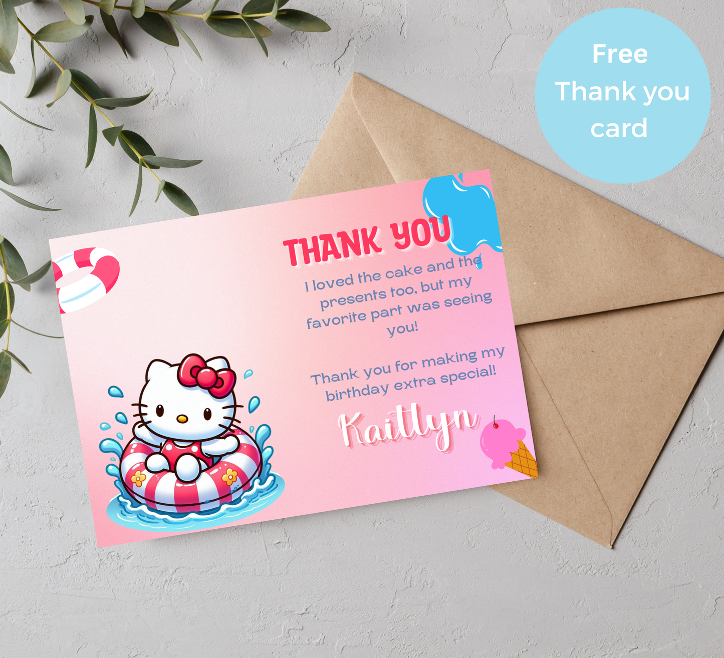 Hello Kitty Pink Pool Birthday Invitation | Kawaii Summer Swim Party | Editable Canva Template
