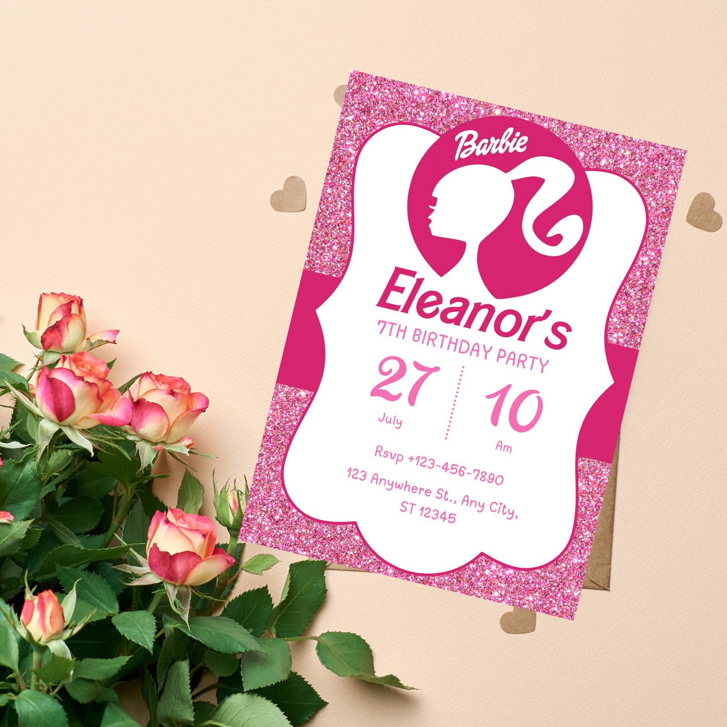 Barbie Glitter Pink Birthday Invitation | Sparkly Barbie Party Invite | Editable Canva Template | Printable Girls Birthday Invitation