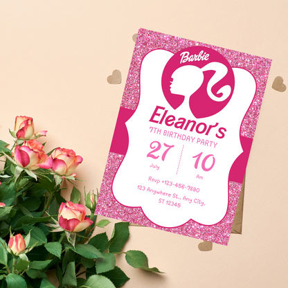 Barbie Glitter Pink Birthday Invitation | Sparkly Barbie Party Invite | Editable Canva Template | Printable Girls Birthday Invitation