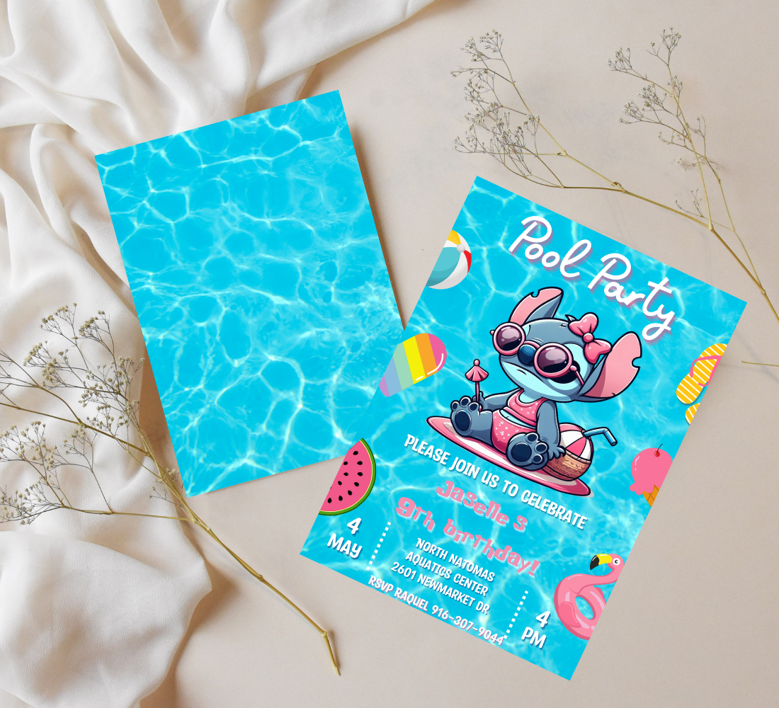 Stitch Pool Birthday Invitation | Tropical Swim Party Invite | Editable Canva Template | Cute Summer Stitch Birthday Invitation