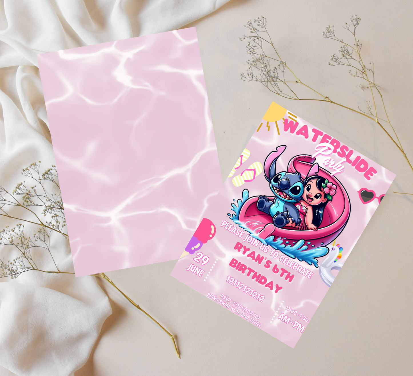 Stitch & Lilo Pink Waterslide Pool Birthday Invitation | Tropical Summer Swim Party | Editable Canva Template | Cute Pool Slide Printable