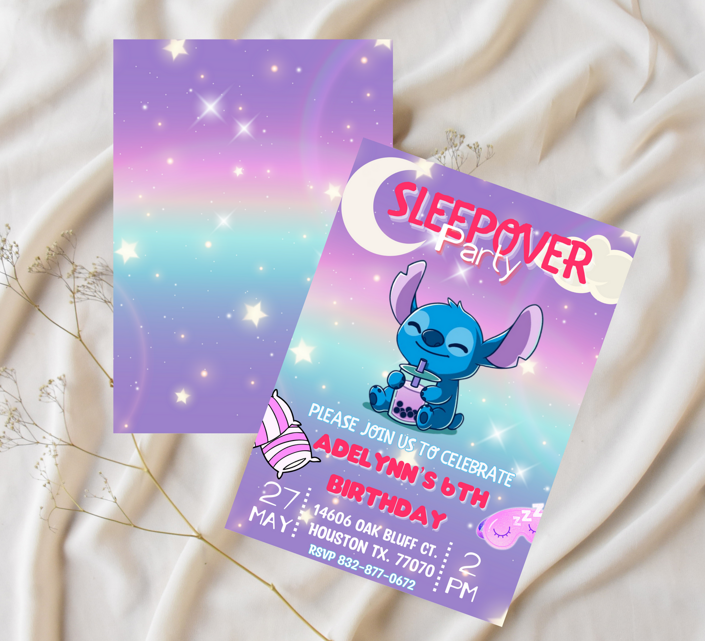 Stitch Sleepover Birthday Invitation | Slumber Party Invite | Editable Canva Template | Cute Kawaii Overnight Party Printable