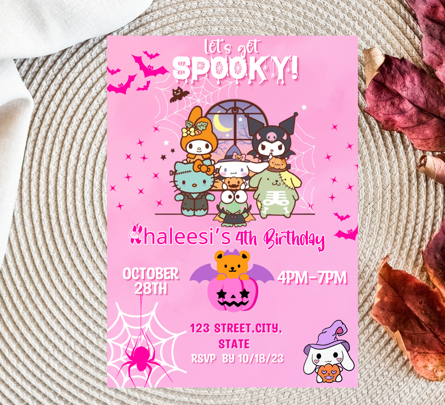 Hello Kitty My Melody Kuromi Pink Halloween Invitation | Kawaii Spooky Birthday Invite | Editable Canva Template | Pastel Goth Party