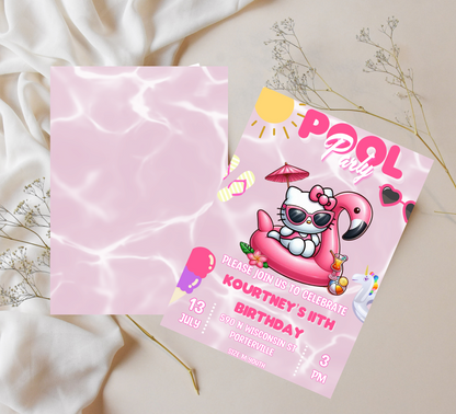 Hello Kitty Pool Flamingo Pink Birthday Invitation | Editable Canva Template | Summer Swim Party Invite | Printable Girls Birthday Invitation