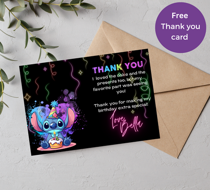 Stitch Neon Birthday Invitation with Two Names | Glow Party Invite | Editable Canva Template | Printable Neon Kids Birthday Invitation