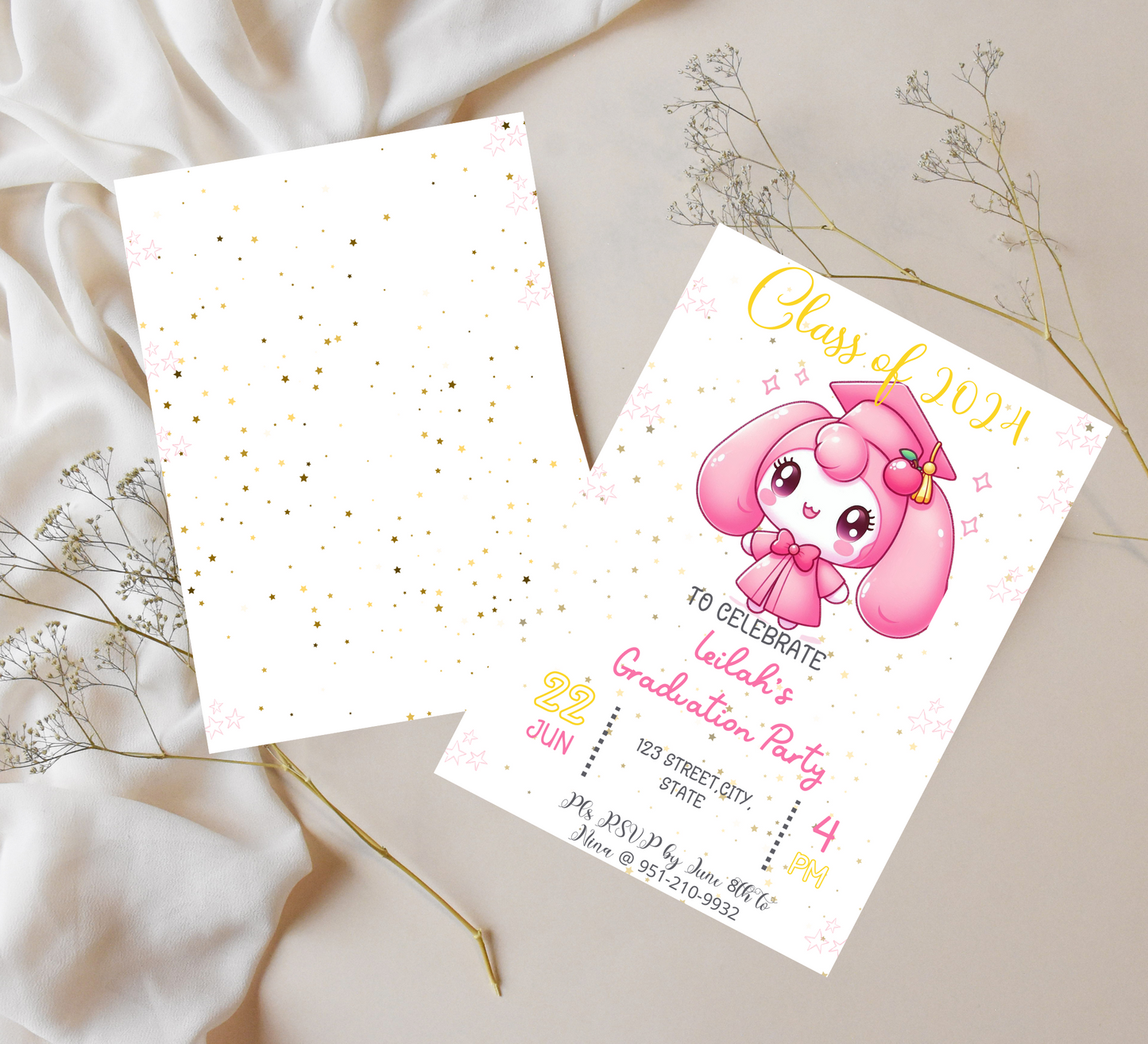 My Melody Pink Graduation Invitation | Kawaii Kindergarten & School Graduation Invite | Editable Canva Template | Cute Sanrio Graduation Printable