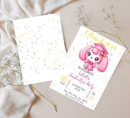 My Melody Pink Graduation Invitation | Kawaii Kindergarten & School Graduation Invite | Editable Canva Template | Cute Sanrio Graduation Printable