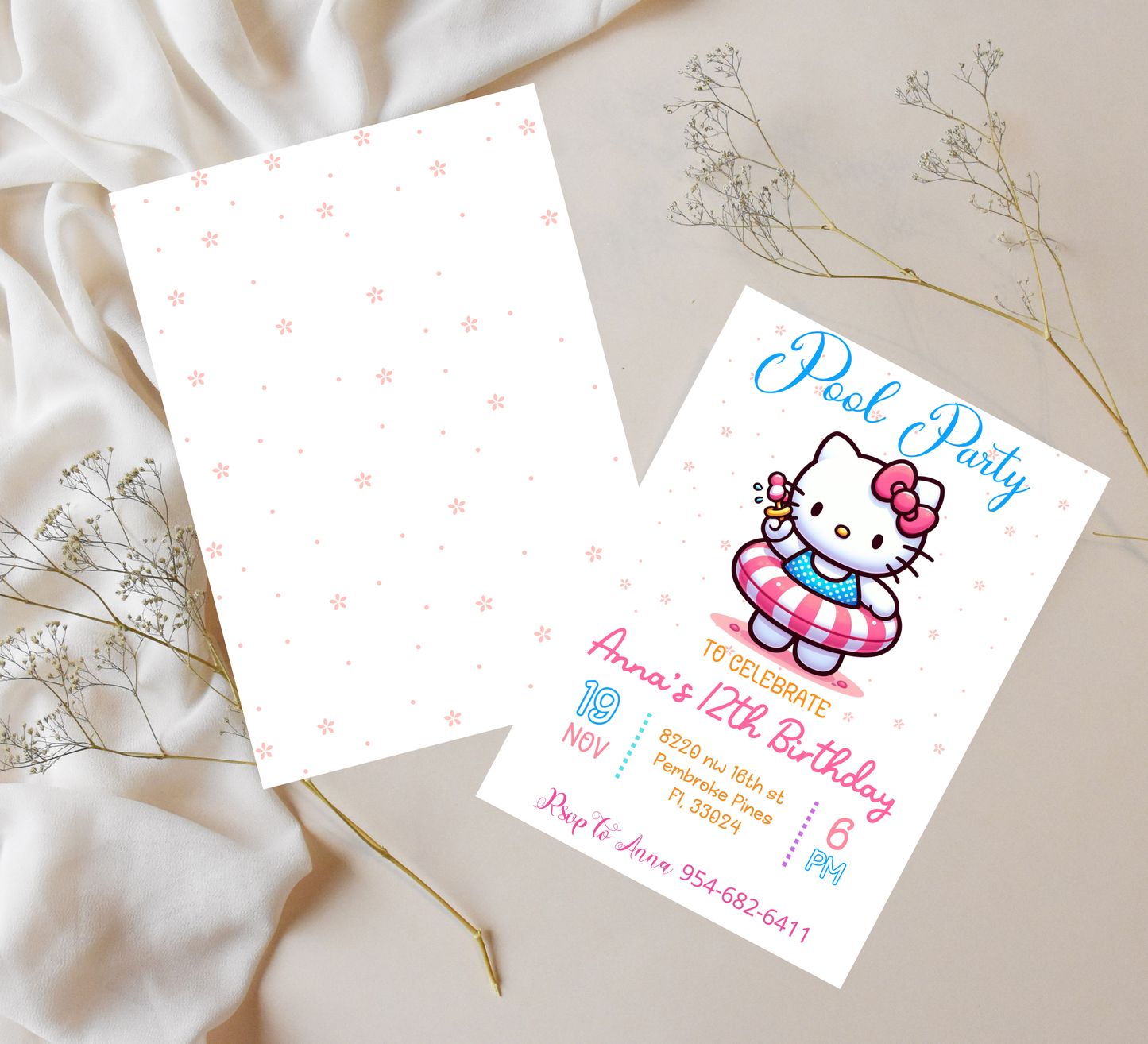 Hello Kitty Flower Pool Birthday Invitation 🌸🎀💦 | Floral Summer Swim Party | Editable Canva Template