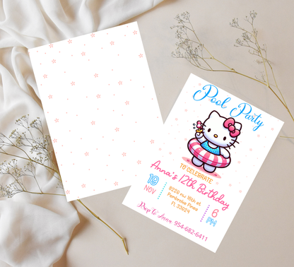 Hello Kitty Flower Pool Birthday Invitation 🌸🎀💦 | Floral Summer Swim Party | Editable Canva Template