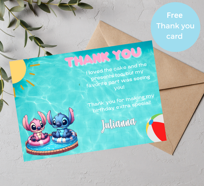 Stitch & Angel Pool Birthday Invitation 💗💙💦 | Cute Summer Swim Party | Editable Digital Template