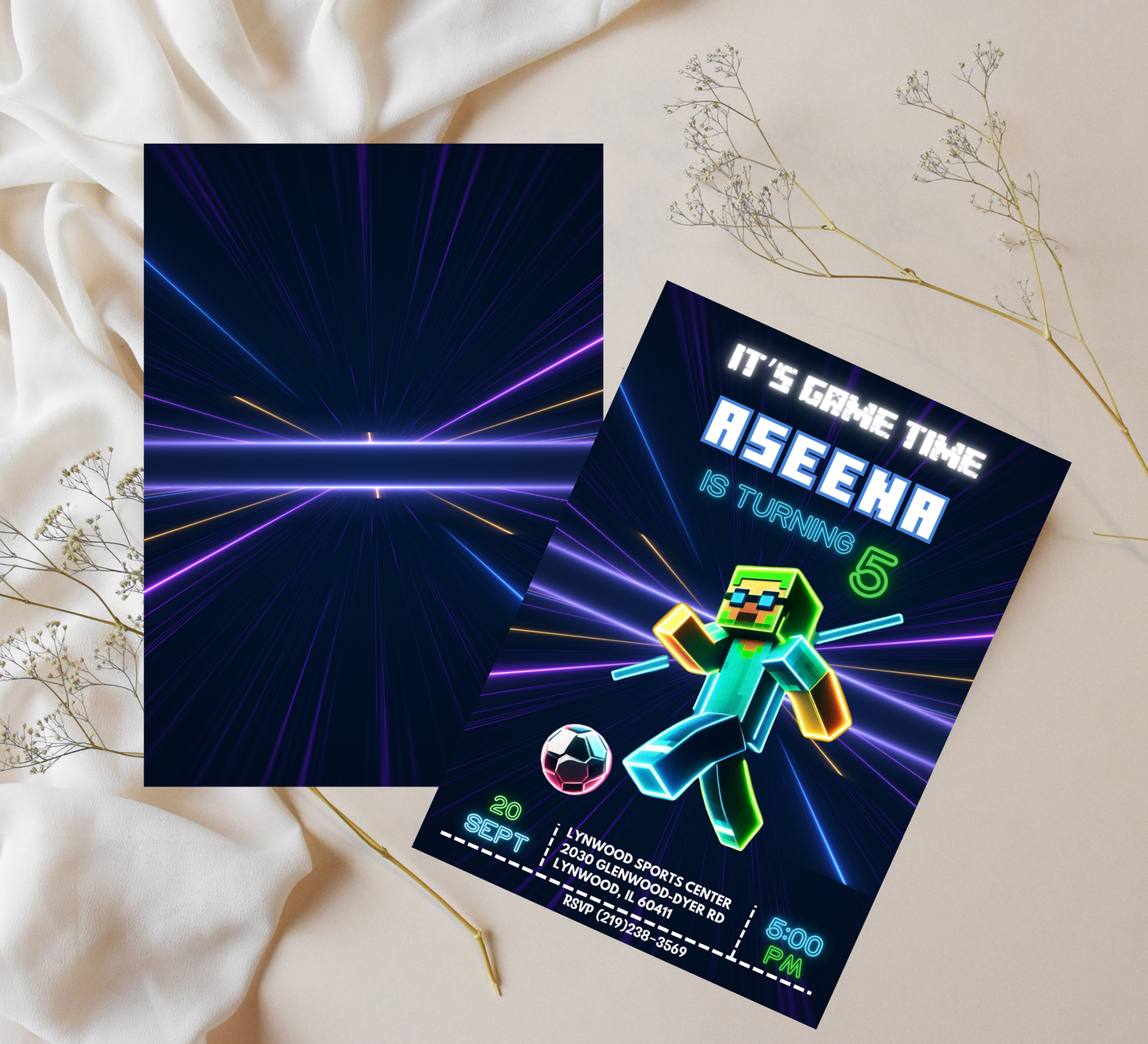 Minecraft Neon Football Invite | Boy’s Soccer Birthday Canva Template