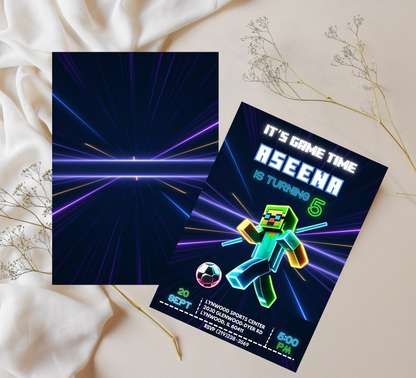 Minecraft Neon Football Invite | Boy’s Soccer Birthday Canva Template