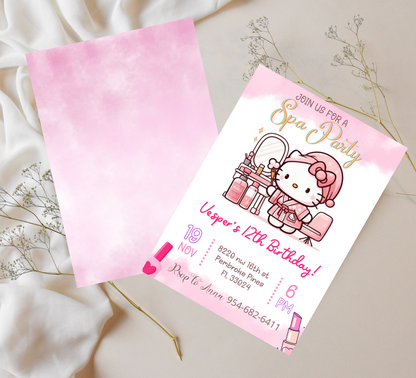 Hello Kitty Spa Sleepover Birthday Invitation | Editable Canva Template | Kawaii Slumber & Spa Party Invite | Printable Kids Birthday