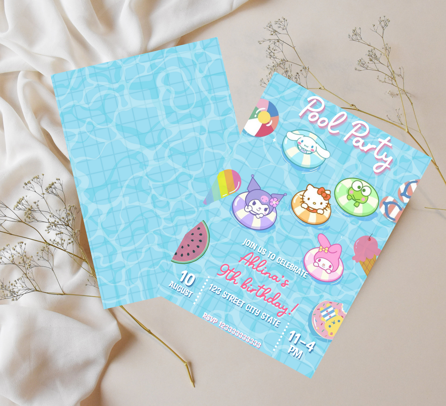 Kawaii Hello Kitty & Friends Watercolor Pool Birthday Invitation | Editable Canva Template | Cute Printable Girls Summer Party Invite