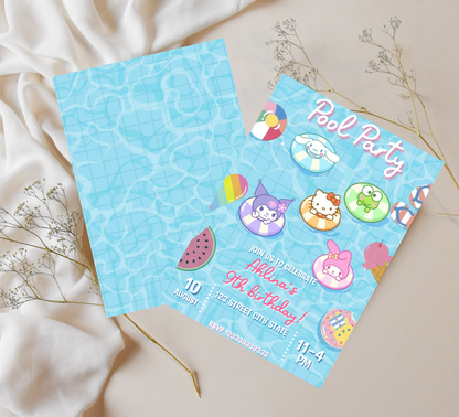 Kawaii Hello Kitty & Friends Watercolor Pool Birthday Invitation | Editable Canva Template | Cute Printable Girls Summer Party Invite