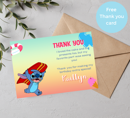 Stitch Surf Pool Birthday Invitation | Tropical Surfing Swim Party | Editable Canva Template