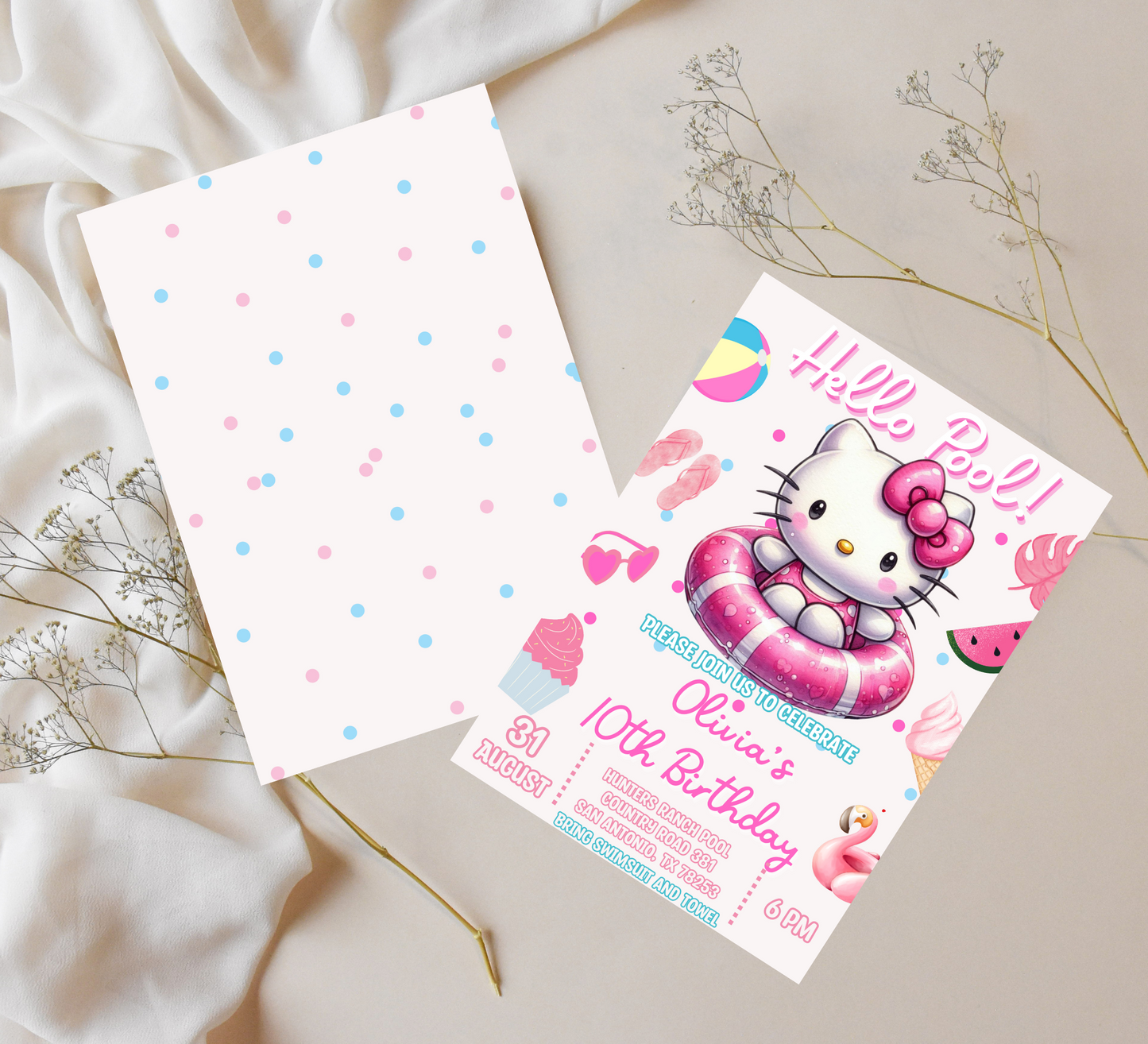 Hello Kitty Watercolor Pool Birthday Invitation | Editable Canva Template | Kawaii Summer Swim Party Invite | Printable Girls Birthday Invitation