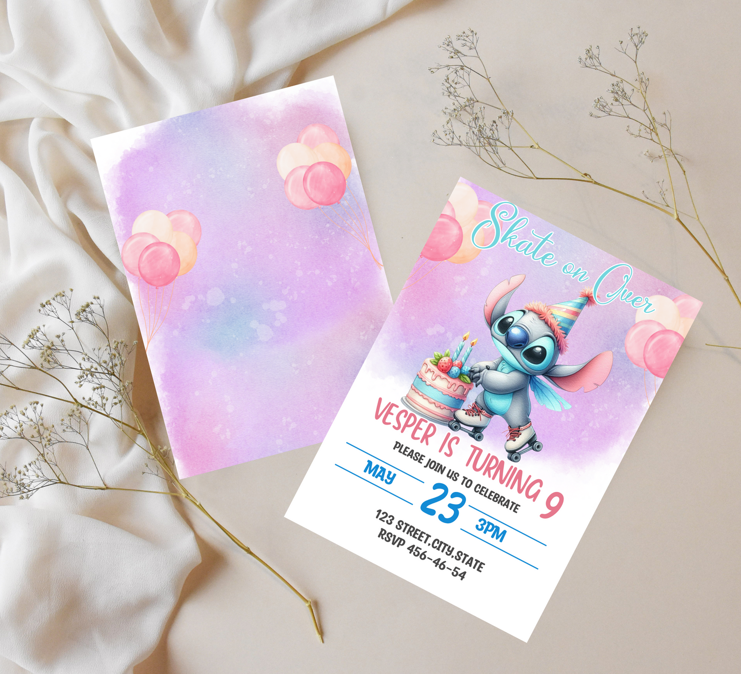 Stitch Watercolor Roller Skating Birthday Invitation | Editable Canva Template | Cute Kids Party Invite | Printable Birthday