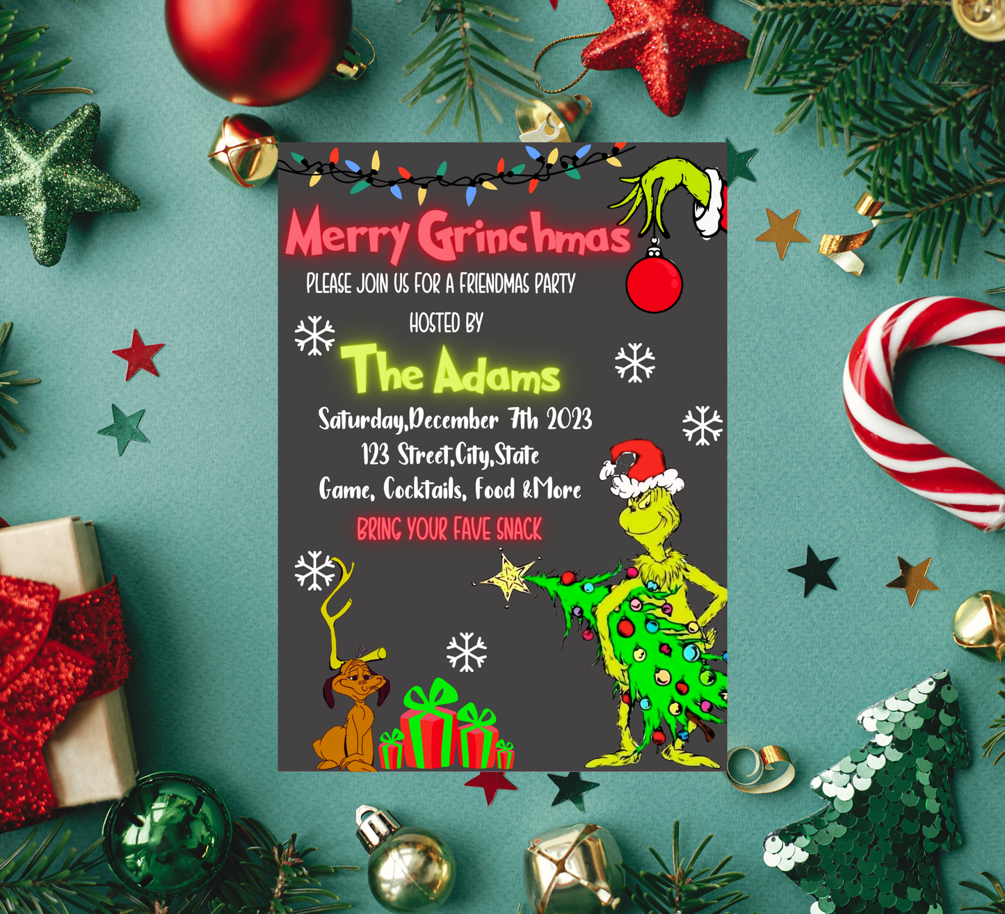 Grinch Merry Grinchmas Neon Party Invitation | Bright Christmas Invite | Editable Template