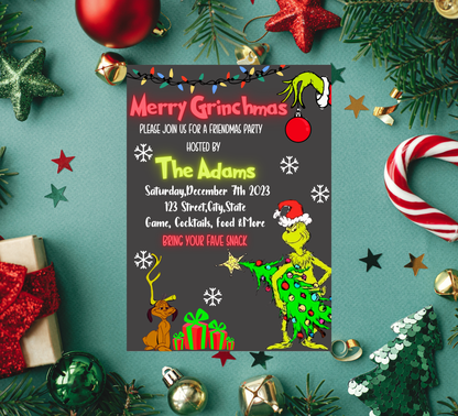 Grinch Merry Grinchmas Neon Party Invitation | Bright Christmas Invite | Editable Template