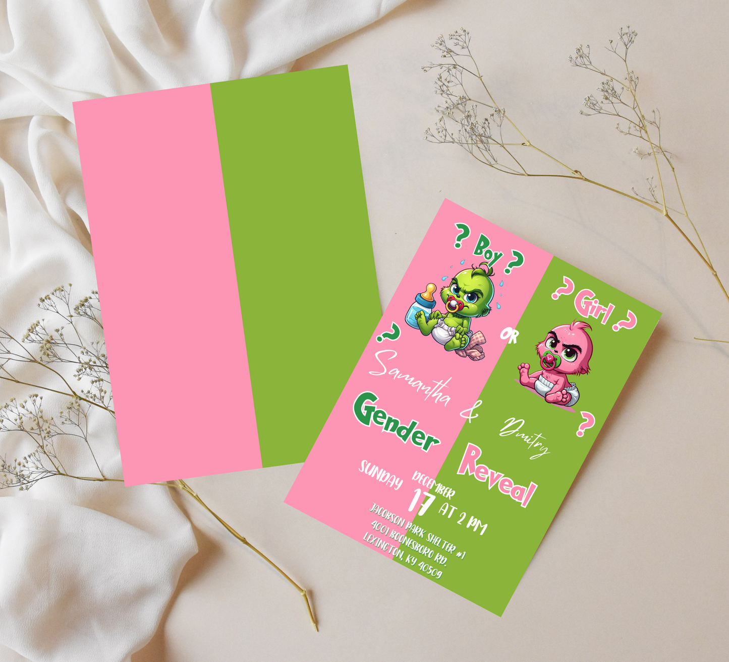 Grinch Pink & Green Christmas Gender Reveal Invitation | Cute Holiday Reveal | Editable Template