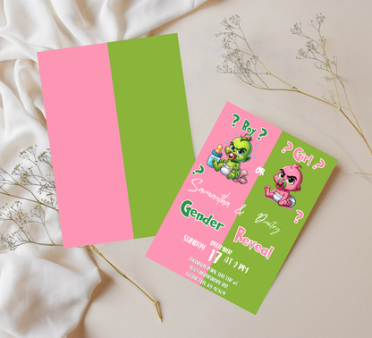 Grinch Pink & Green Christmas Gender Reveal Invitation | Cute Holiday Reveal | Editable Template