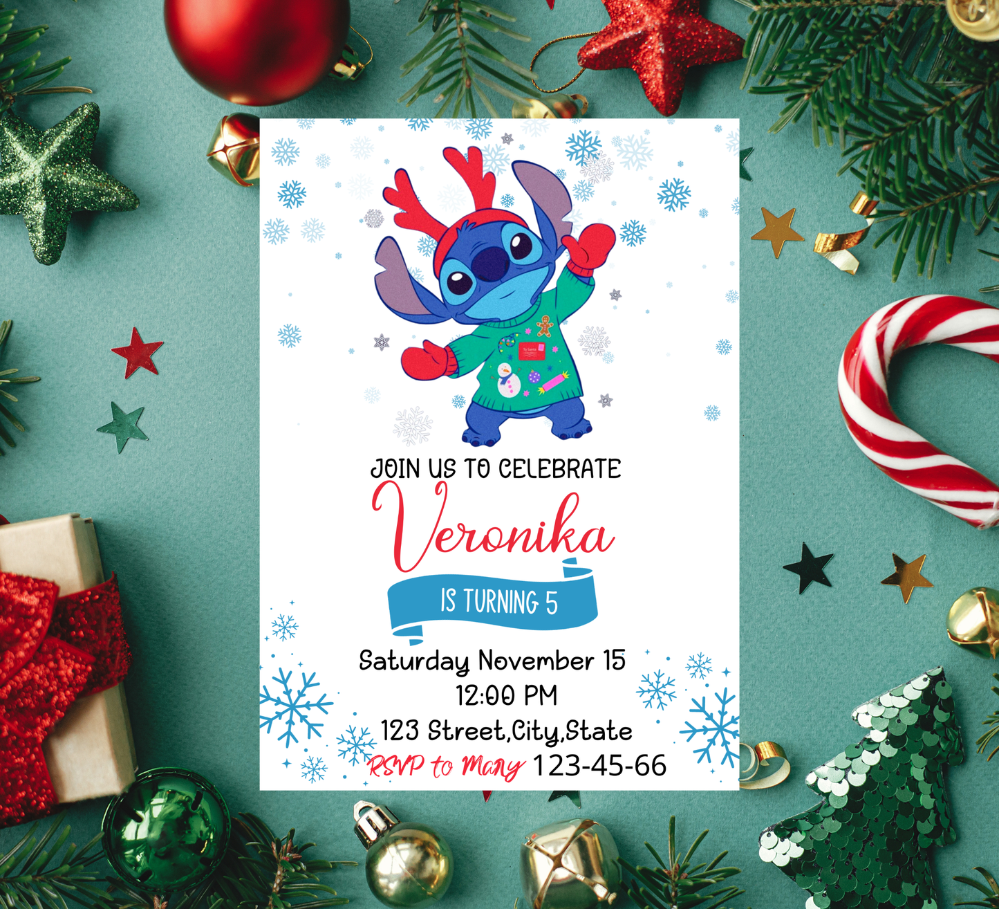 Stitch Christmas Birthday Winter Invitation | Holiday Party Invite | Editable Template