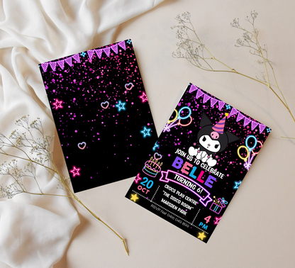 Kuromi Neon Kawaii Birthday Invitation | Cute Glow Party Invite | Editable Canva Template | Pastel Goth Neon Printable