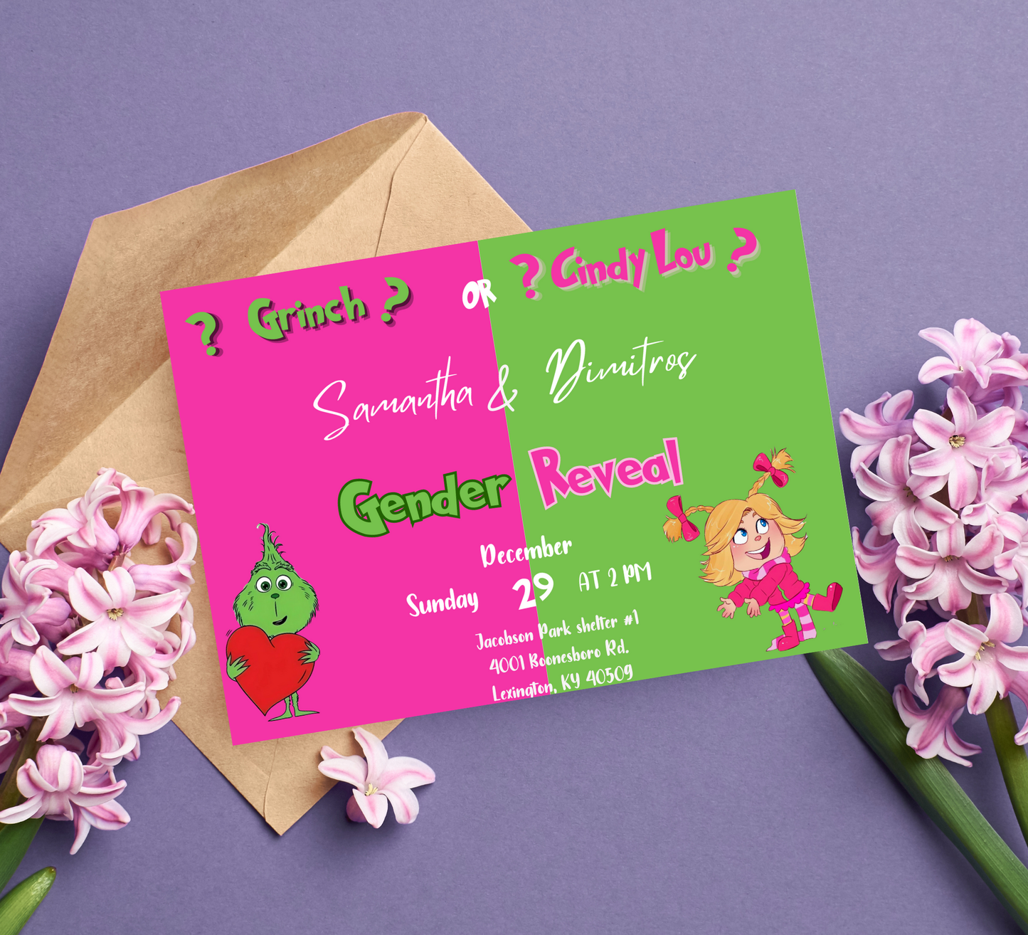 Grinch & Cindy Lou Gender Reveal Invitation | Pink & Green Christmas Reveal | Editable Template