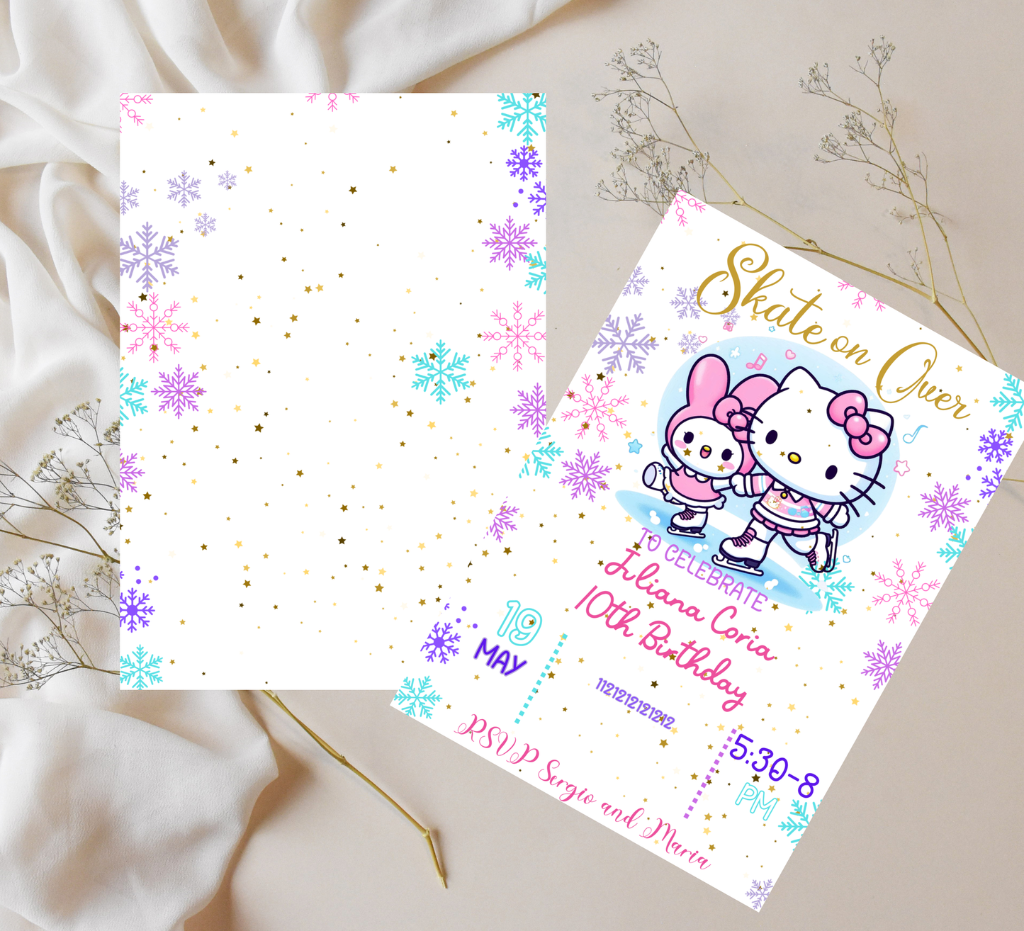 Hello Kitty & My Melody Ice Skating Winter Birthday Invitation | Cute Snow Party | Editable Template
