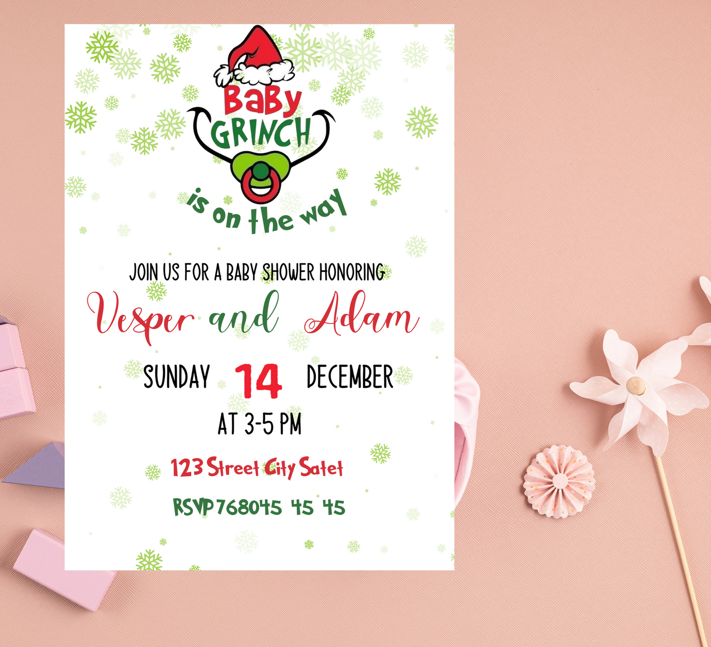 Grinch Christmas Winter Baby Shower Invitation | Editable Canva Template | Holiday Themed Baby Shower Invite | Printable Baby Shower Invitation