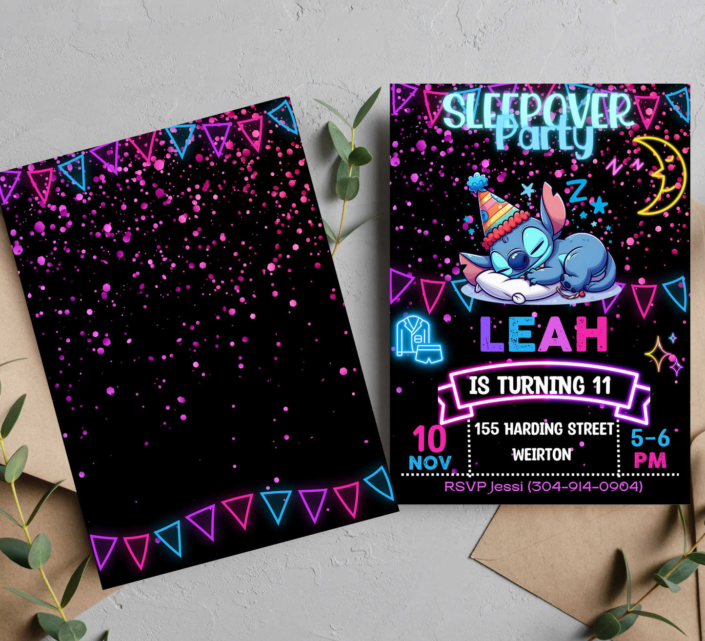 Stitch Neon Sleepover Birthday Invitation 🌙✨ | Glow Slumber Party Invite | Editable Canva Template