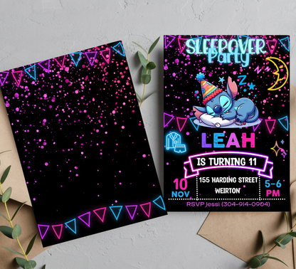 Stitch Neon Sleepover Birthday Invitation 🌙✨ | Glow Slumber Party Invite | Editable Canva Template