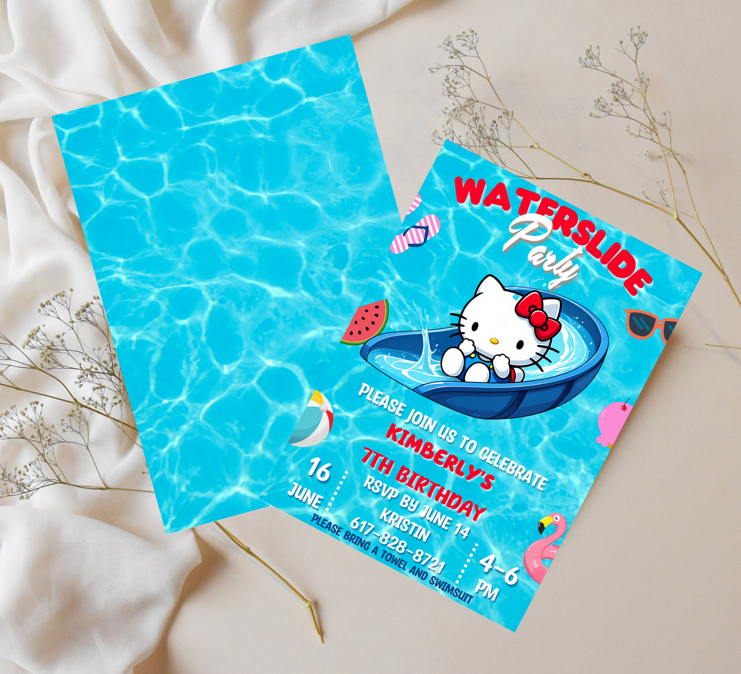 Hello Kitty Pool Waterslide Birthday Invitation | Editable Canva Template | Kawaii Summer Slide & Splash Party Invite | Printable Girls Birthday Invitation