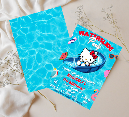 Hello Kitty Pool Waterslide Birthday Invitation | Editable Canva Template | Kawaii Summer Slide & Splash Party Invite | Printable Girls Birthday Invitation