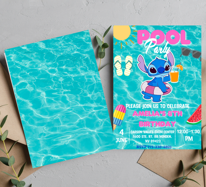 Stitch & Angel Pool Birthday Invitation | Tropical Swim Party | Editable Template