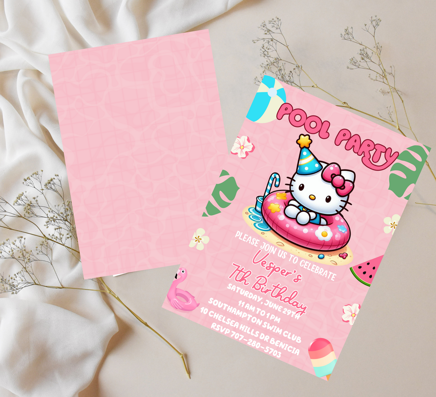 Hello Kitty Pool Pink Birthday Invitation | Editable Summer Pool Party Invite for Girls | Cute & Customizable Hello Kitty Template