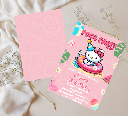 Hello Kitty Pool Pink Birthday Invitation | Editable Summer Pool Party Invite for Girls | Cute & Customizable Hello Kitty Template