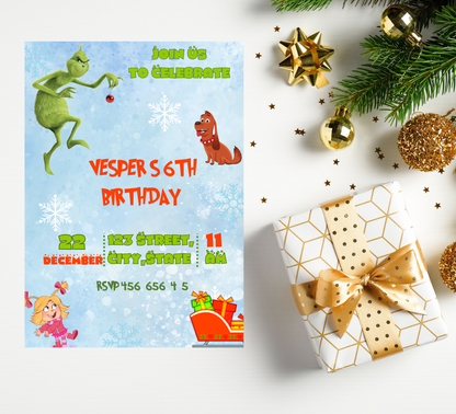 Grinch Grinchmas Birthday Invitation | Green Christmas Party Invite | Editable Holiday Template