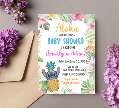 Stitch Aloha Baby Shower Invitation | Tropical Hawaii Luau Theme | Editable Canva Template