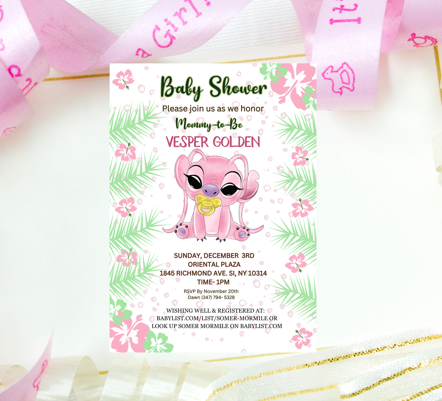 Stitch Pink Baby Shower Invitation | Cute Girl Baby Shower Invite | Editable Canva Template | Kawaii Stitch Baby Shower Printable