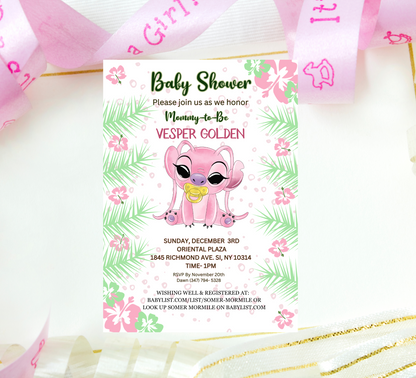 Stitch Pink Baby Shower Invitation | Cute Girl Baby Shower Invite | Editable Canva Template | Kawaii Stitch Baby Shower Printable