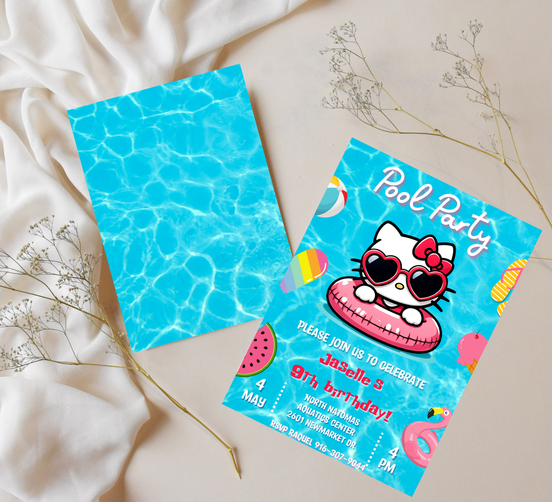 Hello Kitty Blue Pool Party Birthday Invitation | Kawaii Summer Swim Invite | Editable Canva Template | Cute Printable Birthday Invitation